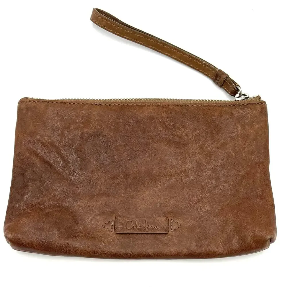 Cole Haan wristlet mini pouch clutch full zipper closure brown leather